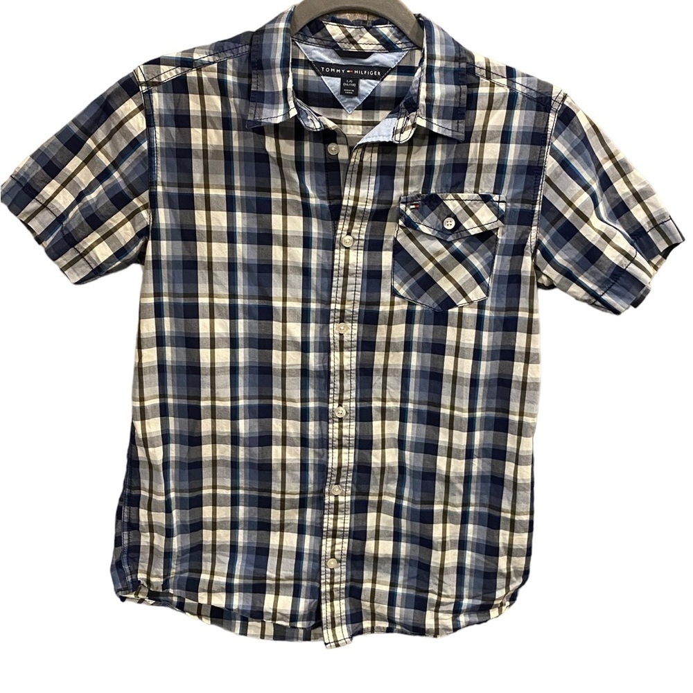 Tommy Hilfiger Blue Plaid Short Sleeve Shirt Youth Size Large 16/18